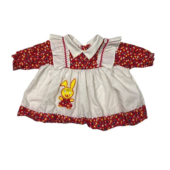 Sears VTG 70s Bunny Rabbit Ruffle Floral Pinafore Apron Dress Baby Girls Medium - Picture 1 of 6